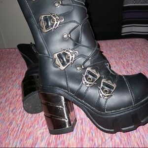 Demonia Black Lace-Up Platform Boots with Silver Buckles